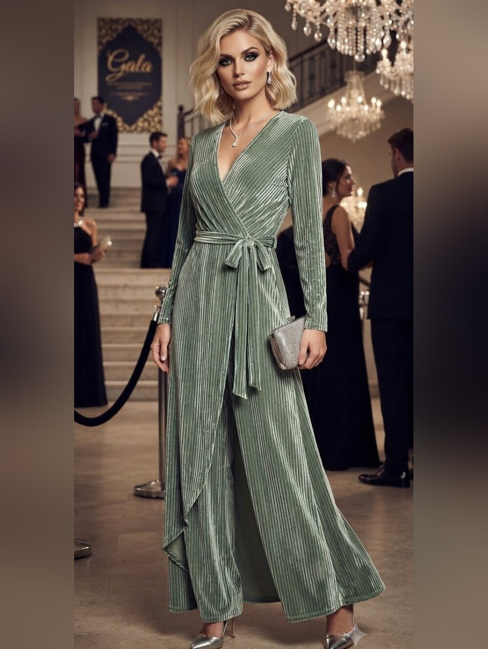 Baltic Born Sage Green Velvet Wrap Jumpsuit with Tie Waist
